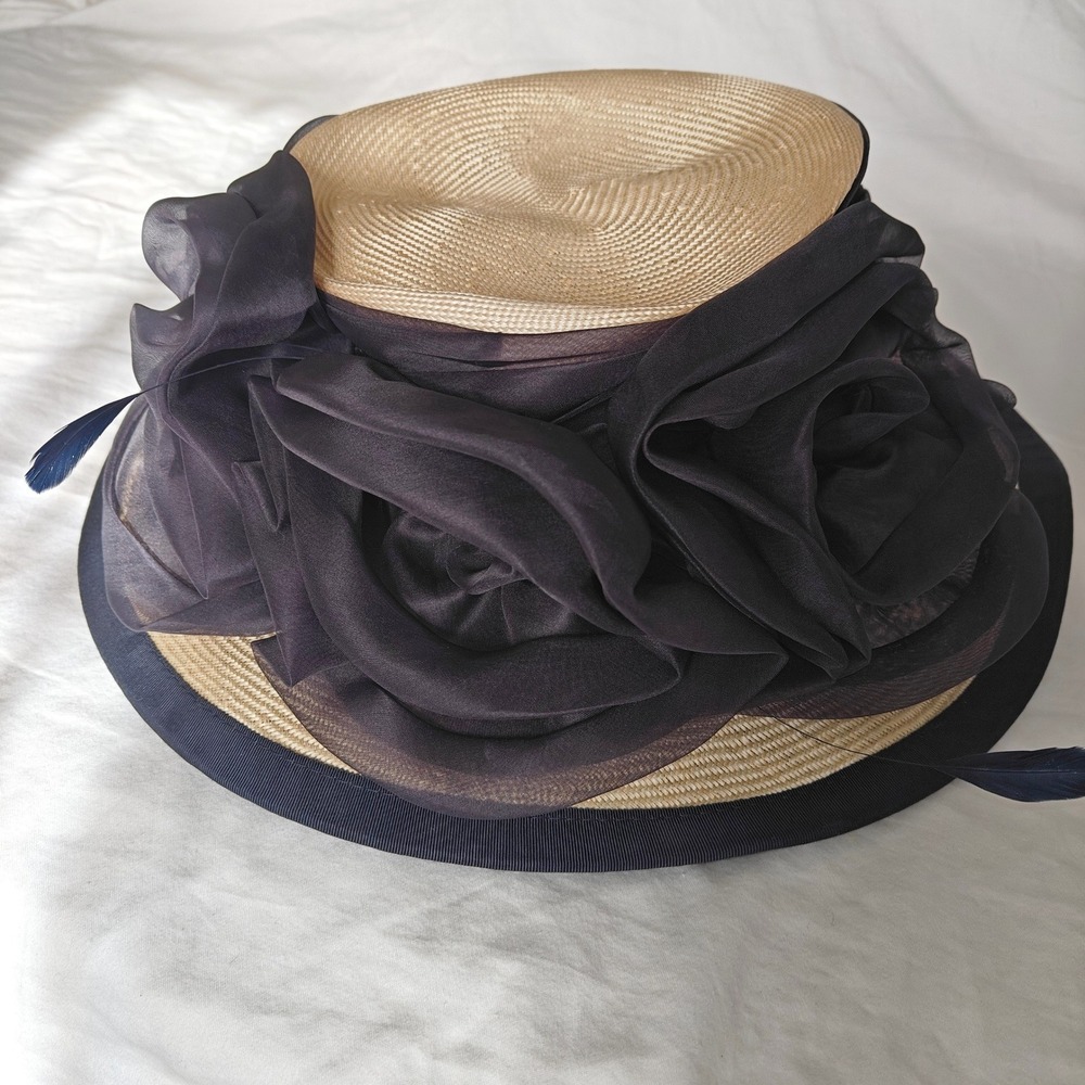 A Hat Studio Design London Vintage Straw Sun Hat Feather Black Rosettes England